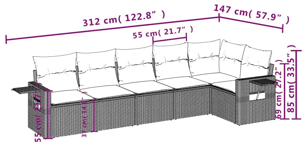 6 pcs conjunto de sofás jardim c/ almofadões vime PE castanho
