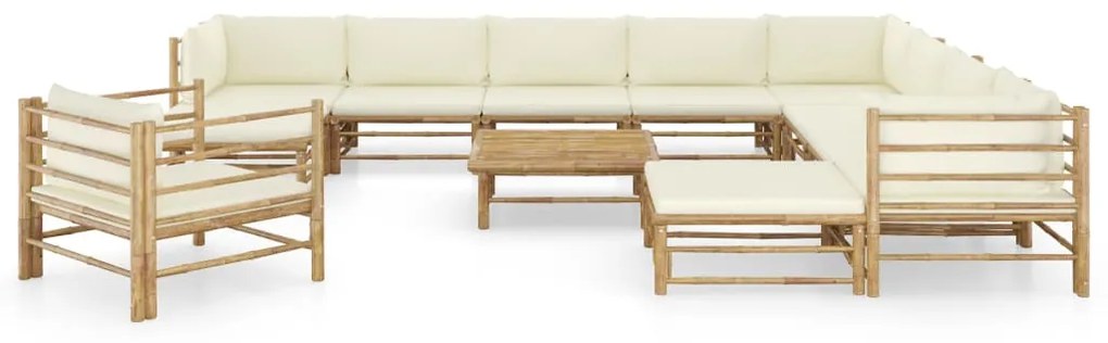 12 pcs conj. lounge jardim em bambu c/ almofadões branco nata