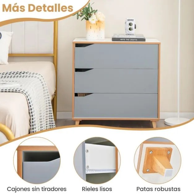 Cómoda de 3 gavetas Mesas de cabeceira com pegas integradas Dispositivo anti-inclinação para corredor de entrada Quarto 75 x 42 x 75 cm Cinzento