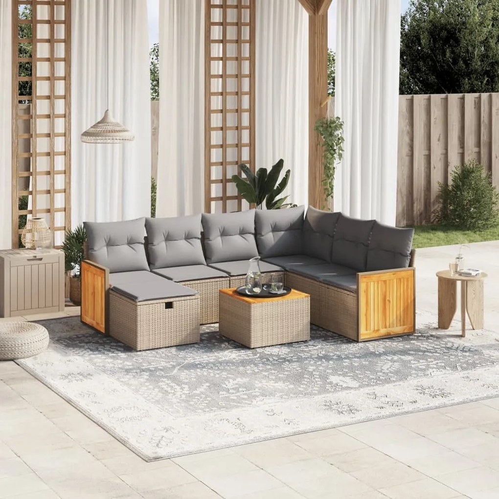 8 pcs conj. sofás jardim c/ almofadões vime PE bege misturado