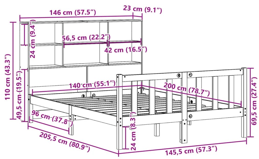 Cama com estante sem colchão 140x200 cm pinho maciço
