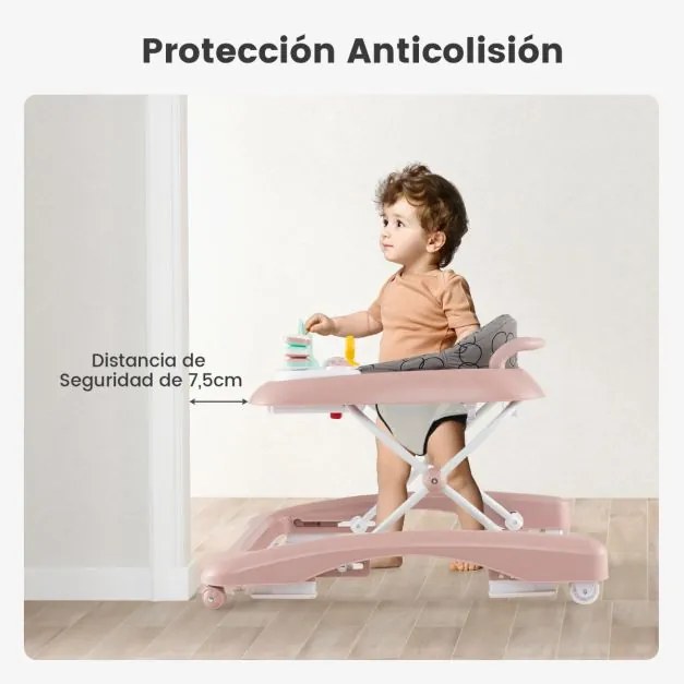 Andarilho dobrável para bebés 0-24 meses Centro de actividades com 3 alturas ajustáveis Assento almofadado Andarilho com rodas Rosa