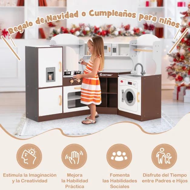 Cozinha para crianças a partir dos 3 anos com som e luz Forno micro-ondas, lava-loiça e máquina de lavar roupa Conjunto de cozinha para crianças em ma