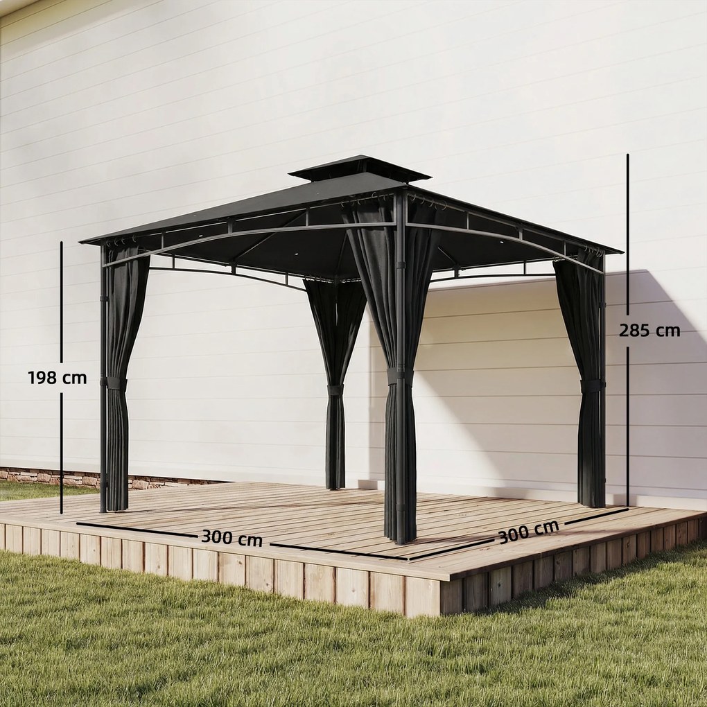 Tenda de jardim 3x3 m para exterior com estrutura retrátil e cobertura dupla UV50+ impermeável, cinza antracite