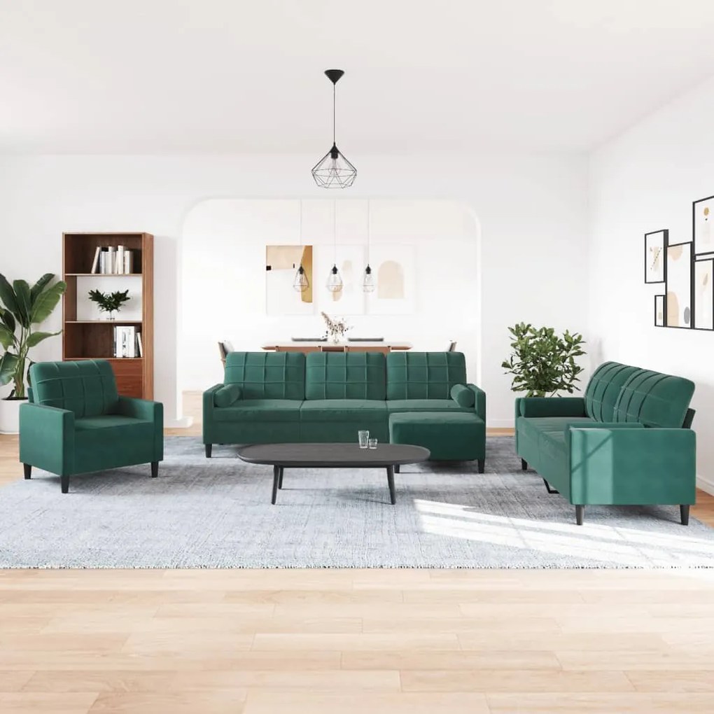 4 pcs conjunto sofás com almofadões e rolos veludo verde-escuro