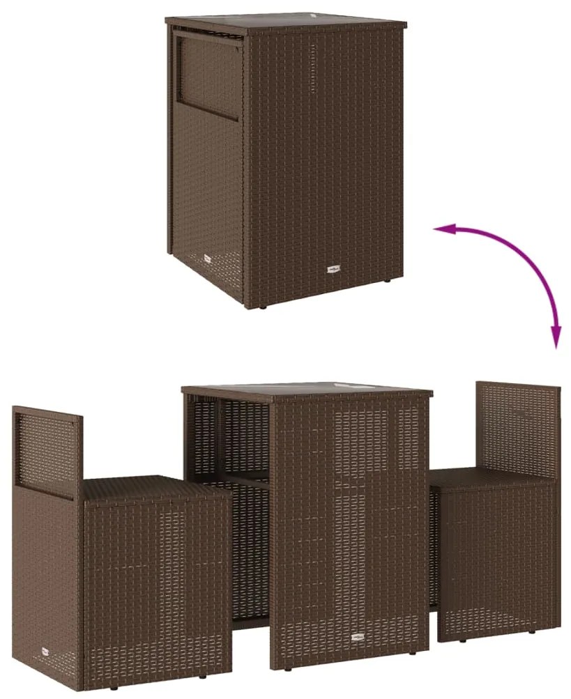 3 pcs conjunto bistrô com almofadões vime PE castanho