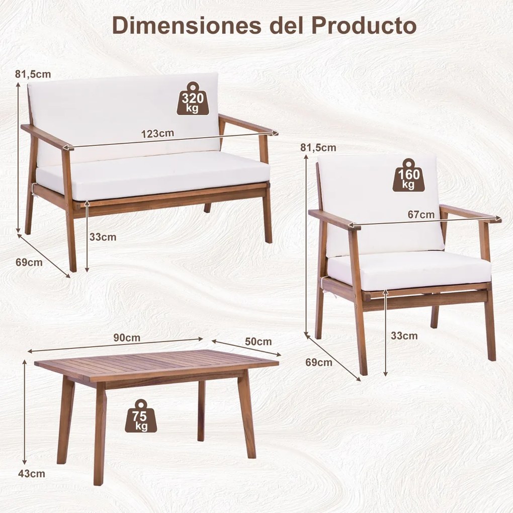 Conjunto de 4 peças: 2 cadeiras simples, 1 sofá de dois lugares e 1 mesa de centro com braços e assento acolchoado branco