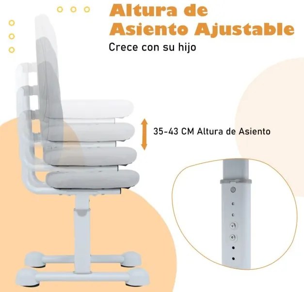 Cadeira de escritório para crianças com apoio duplo para as costas e altura ajustável estofada cinza