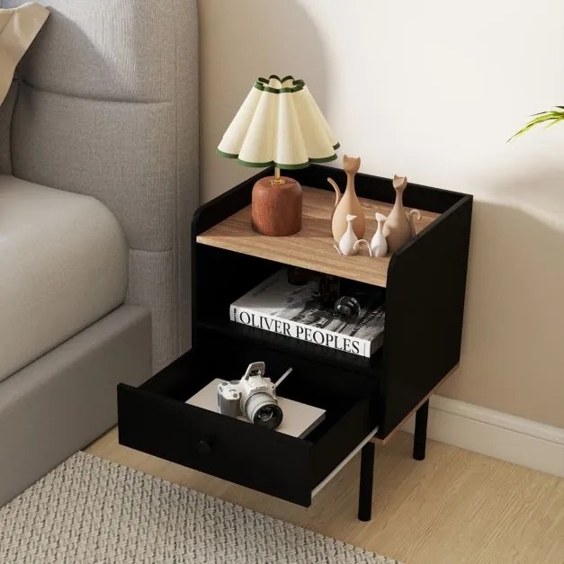 Mesa de cabeceira 40,5 x 35 x 56 cm com gaveta e prateleira aberta, pernas de metal, mesa auxiliar compacta para sala ou quarto, preta