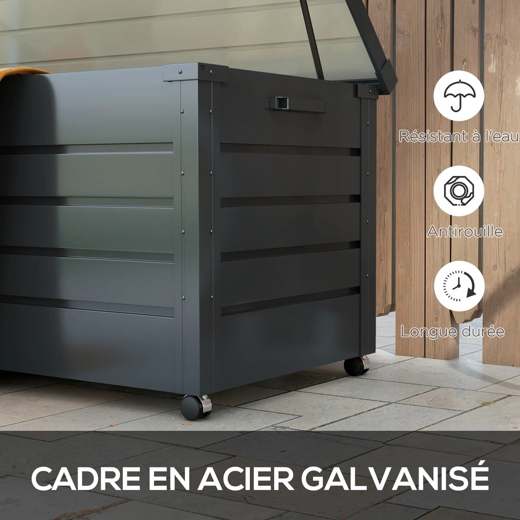 Caixa de arrumação 120 x 62 x 66 cm para exterior 311L, com amortecedor a gás, rodas e pega, em aço galvanizado, cinzento