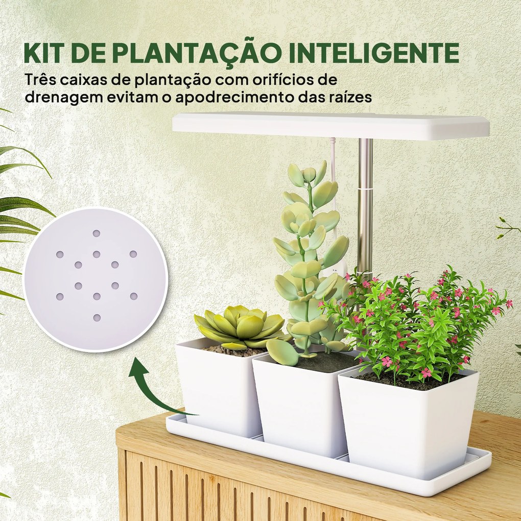 Luz de Crescimento com 30 LED de Espectro Completo Ajustável em Altura com Temporizador Automático 8/12/16/24H 5 Níveis de Brilho e 3 Vasos 31,8x13,4x