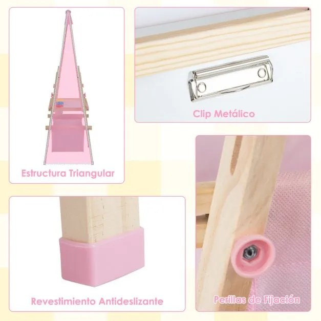 Cavalete de madeira para crianças ajustável com quadro negro e branco, rolo de papel e ímanes, natural e rosa