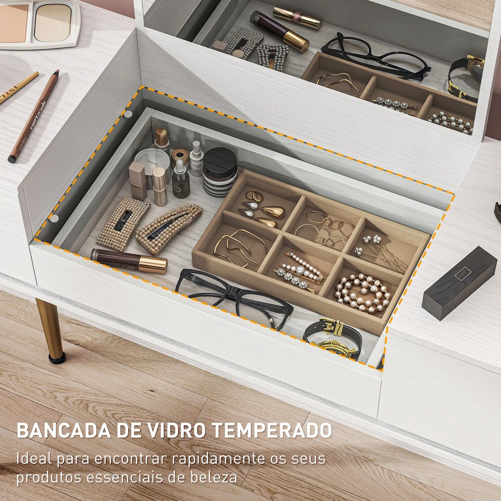 Toucador de Maquilhagem com Espelho Bancada de Vidro 3 Gavetas Mesa de Maquilhagem Moderna 105,5x30x130,5 cm Branco