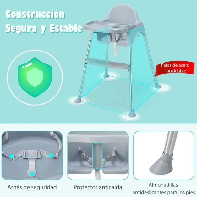 Cadeira refeições alta 4 em 1 Cadeira alta convertível para bebé com tabuleiro duplo amovível Arnês de segurança Apoio para os pés para crianças dos 6