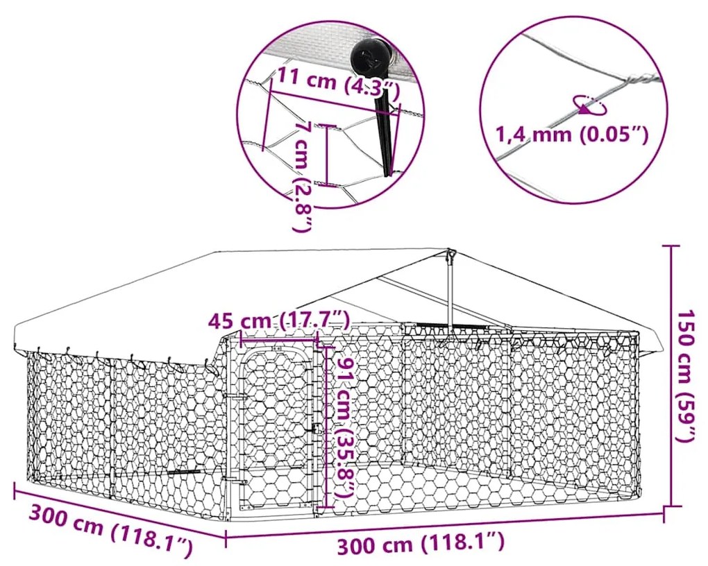 Canil de exterior com telhado 300x300x150 cm