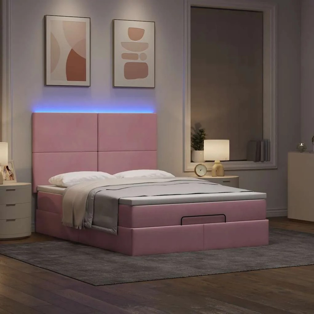 Estrutura de cama otomana com colchões 140x190 cm veludo rosa