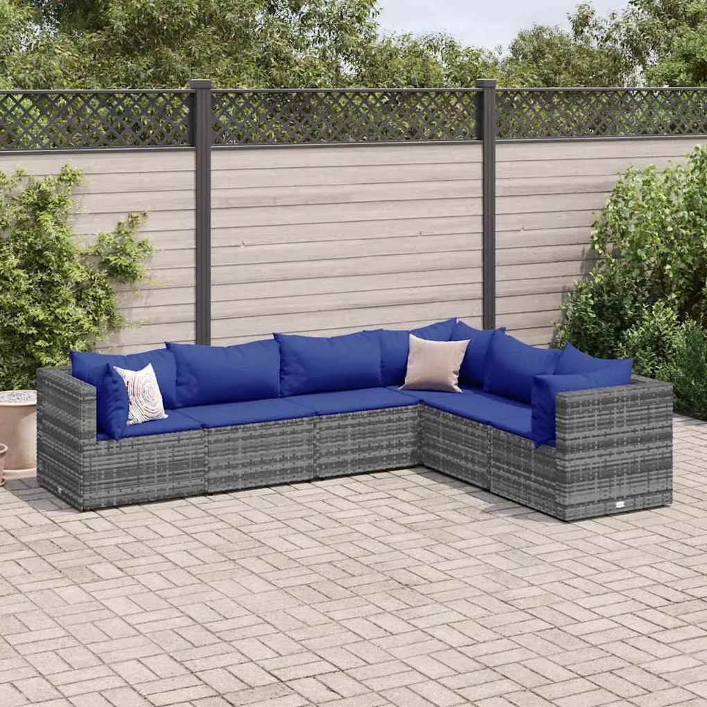 6 pcs conjunto lounge de jardim c/ almofadões vime PE cinzento