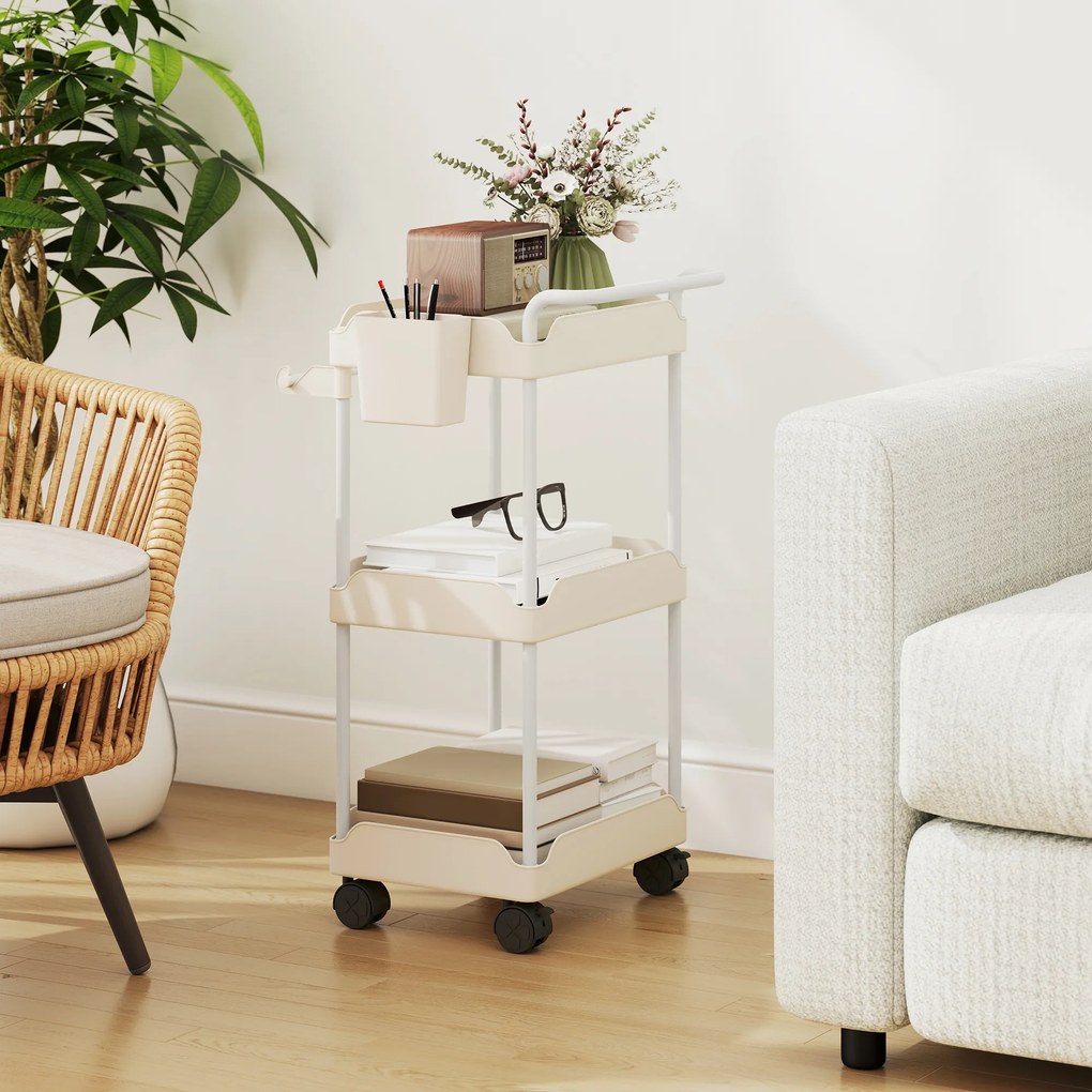 Carrinho Auxiliar com Rodas de 3 Níveis com Cestos Extraíveis Suporte para Toalhas e Estrutura de Metal 42x42,5x76 cm Branco