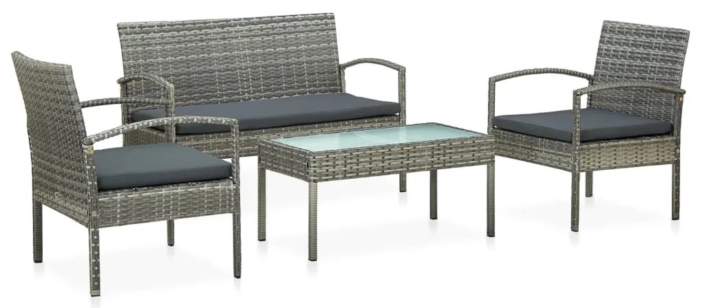 4 pcs conjunto lounge de jardim c/ almofadões vime PE cinzento