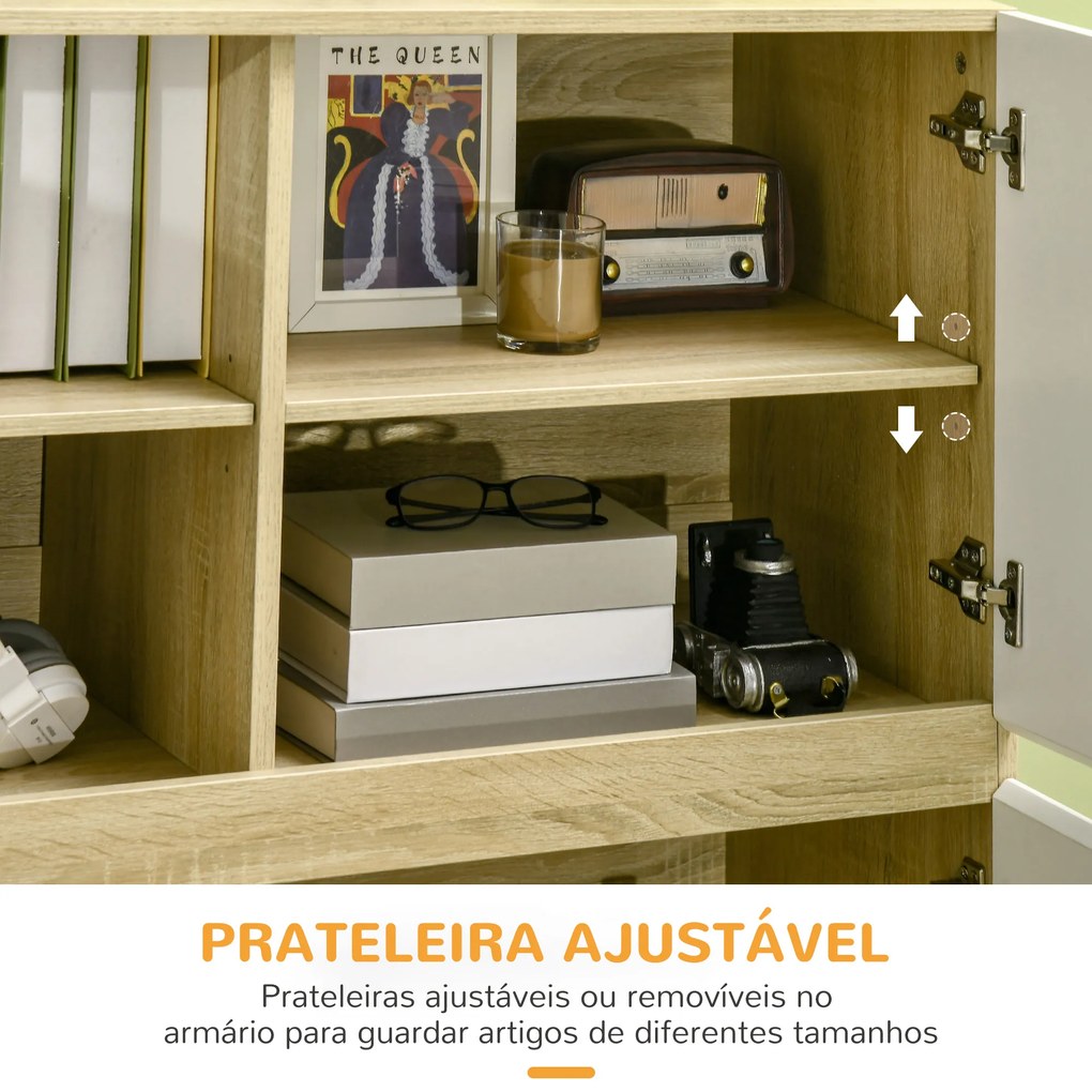 HOMCOM Aparador de Cozinha Moderno com 4 Compartimentos e Prateleiras Ajustáveis Móvel Auxiliar de Armazenamento para Sala de Jantar Sala de Estar 100x41,5x107cm Branco e Carvalho