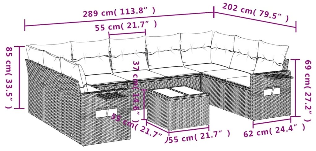 10 pcs conj. sofás jardim com almofadões vime PE cinzento-claro