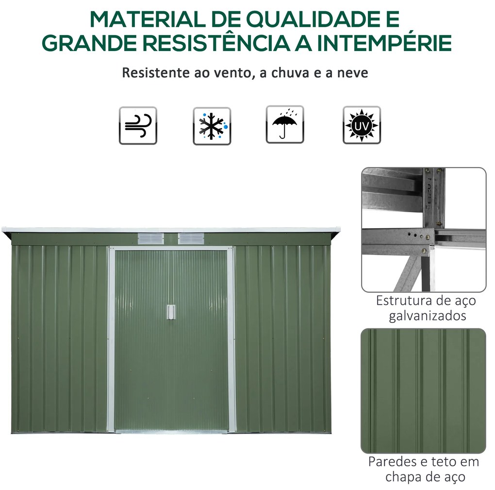 Abrigo de Jardim 280x130x172cm Abrigo de Exterior de Aço Galvanizado com Porta Corredeira e Ventilações para Armazenamento de Ferramentas Verde Claro