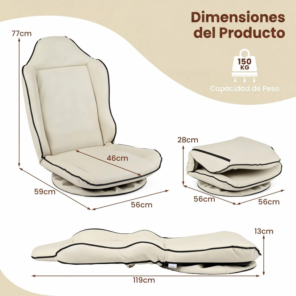 Cadeira de Chão Giratória, 59 x 56 x 77 cm, Encosto Ajustável em 5 Posições, Bege