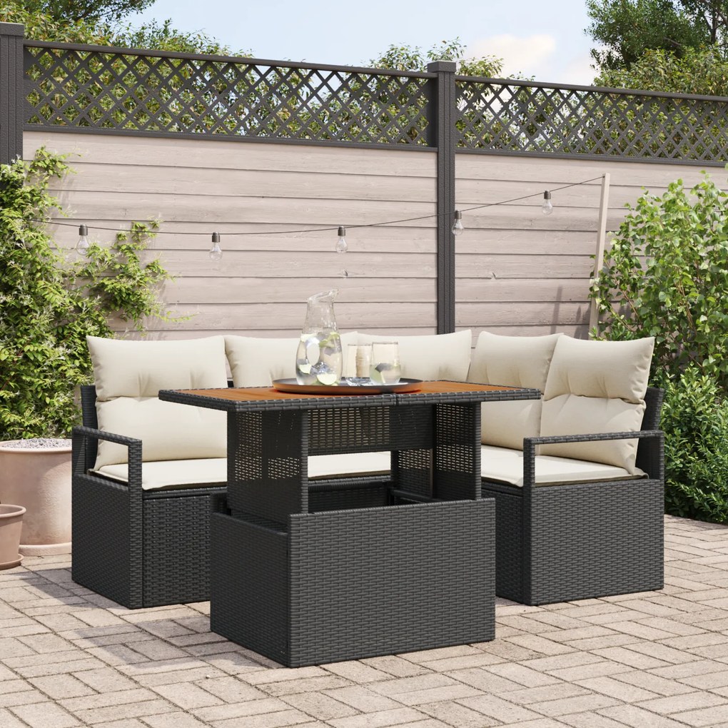 Conjunto de Sofá de Jardim de 5 Peças com Almofadas Preto Rattan Polié