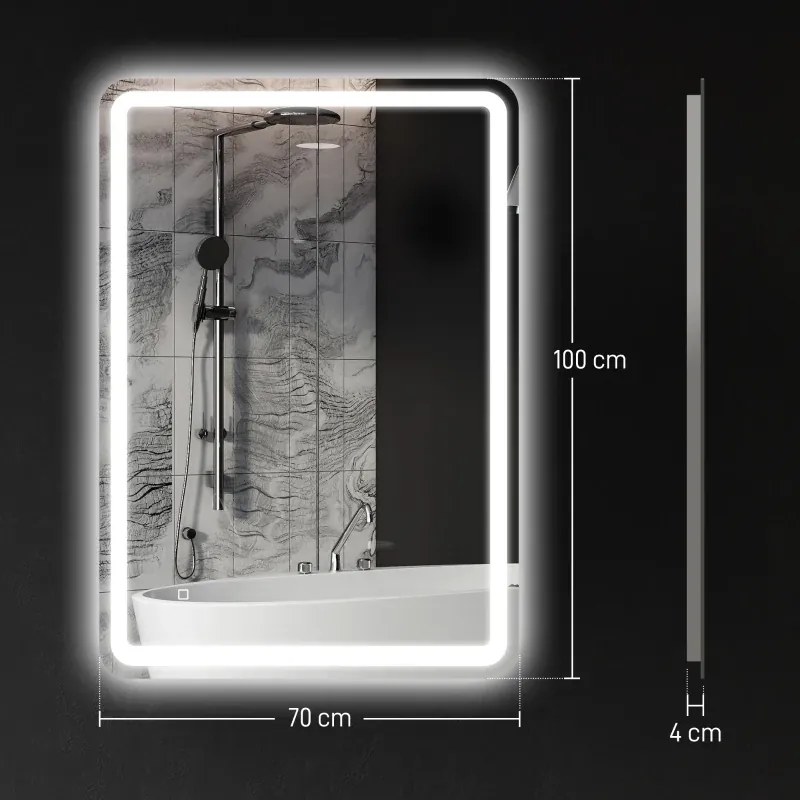 Espelho Casa de Banho com Luzes LED 70x100 cm Função Antiembaciamento 3 Temperaturas de Cor Ajustável e Função de Memória Prata