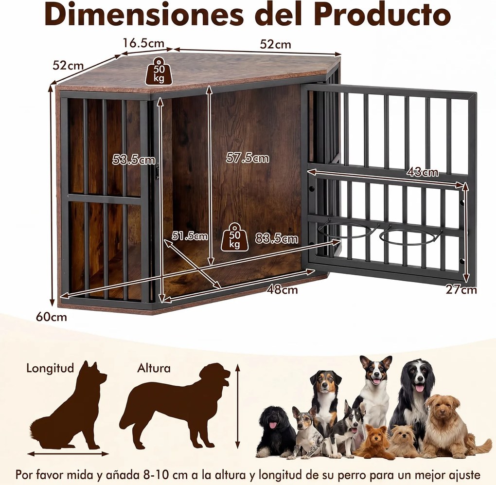 Jaula de Canto para Cães, 90 x 55 x 60 cm, Tampo Amplo, Castanho