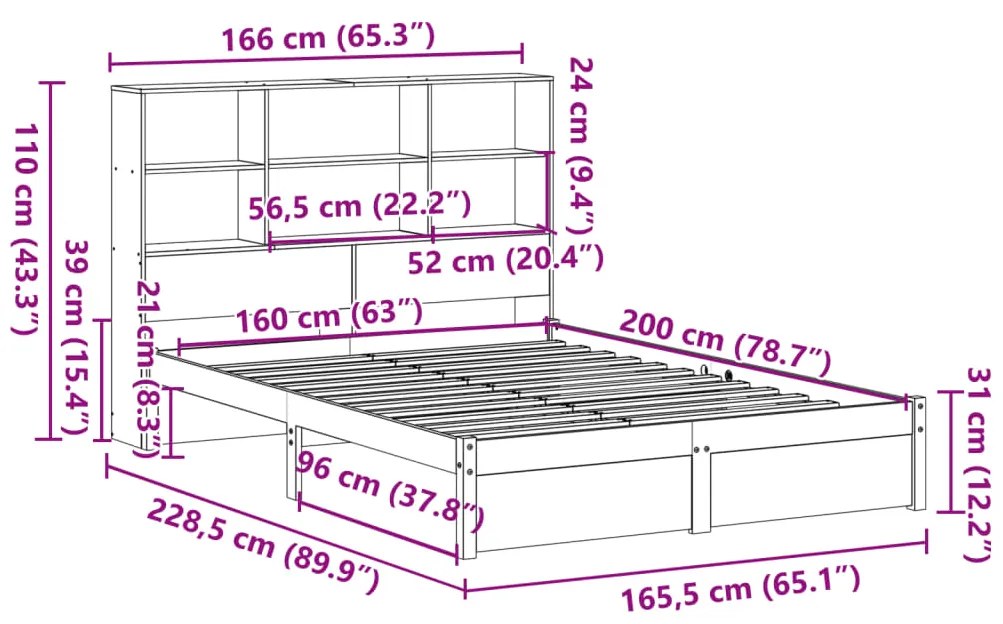 Cama com estante sem colchão 160x200 cm pinho maciço branco