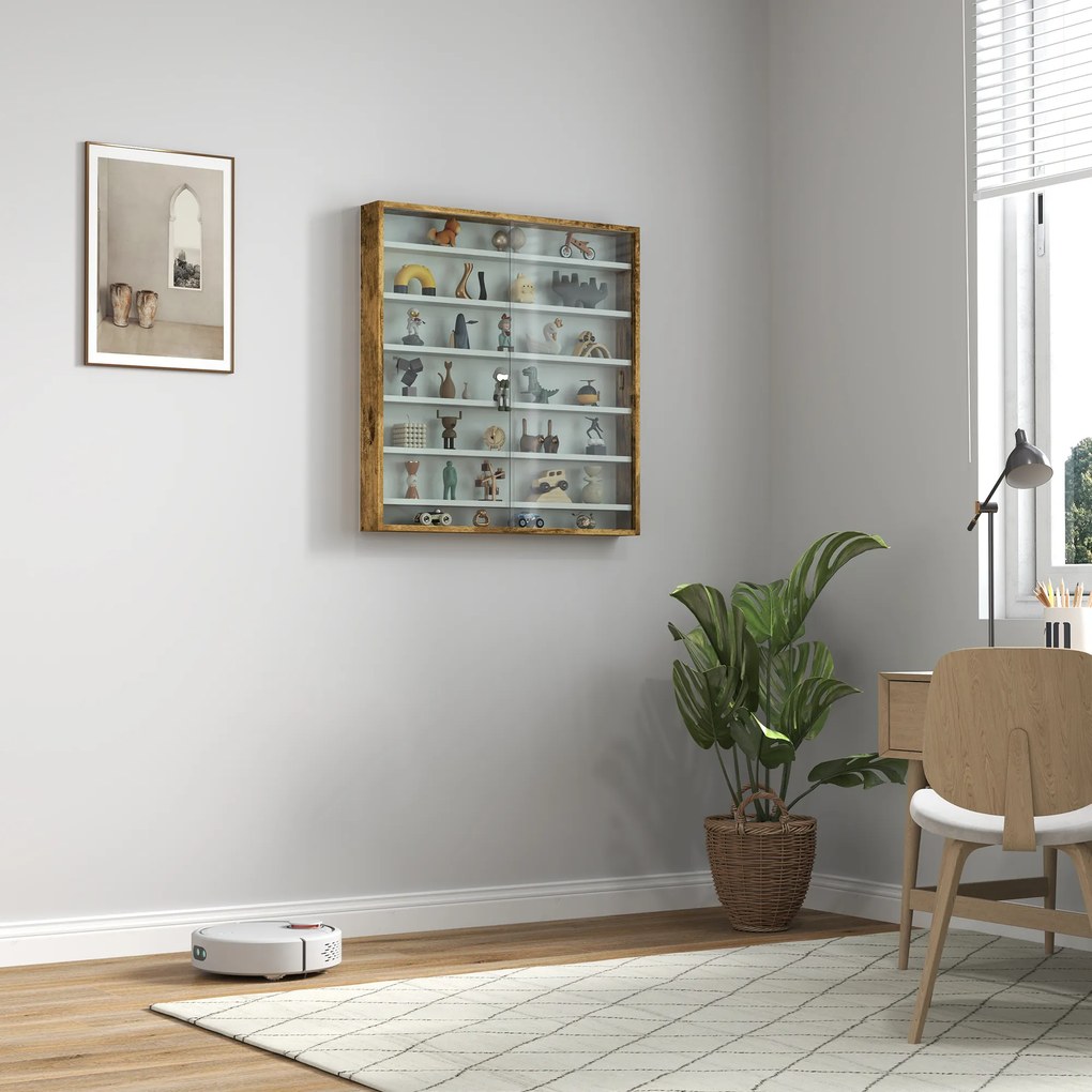 Vitrine para coleção, vitrine de parede, 80 x 9,5 x 83 cm, 6 prateleiras com altura ajustável, 2 portas de correr em vidro branco, castanho rústico