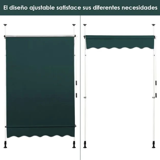 Toldo Telescópico e Retrátil 150 cm Resistente aos Raios UV Impermeável com Manivela Altura Regulável para Janela Varanda Jardim Verde