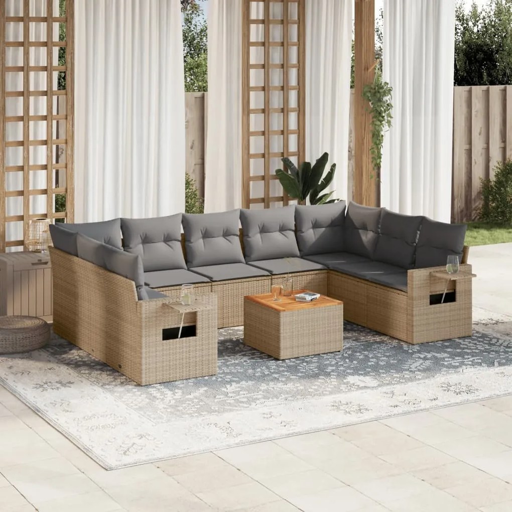 10 pcs conj. sofás jardim c/ almofadões vime PE bege misturado