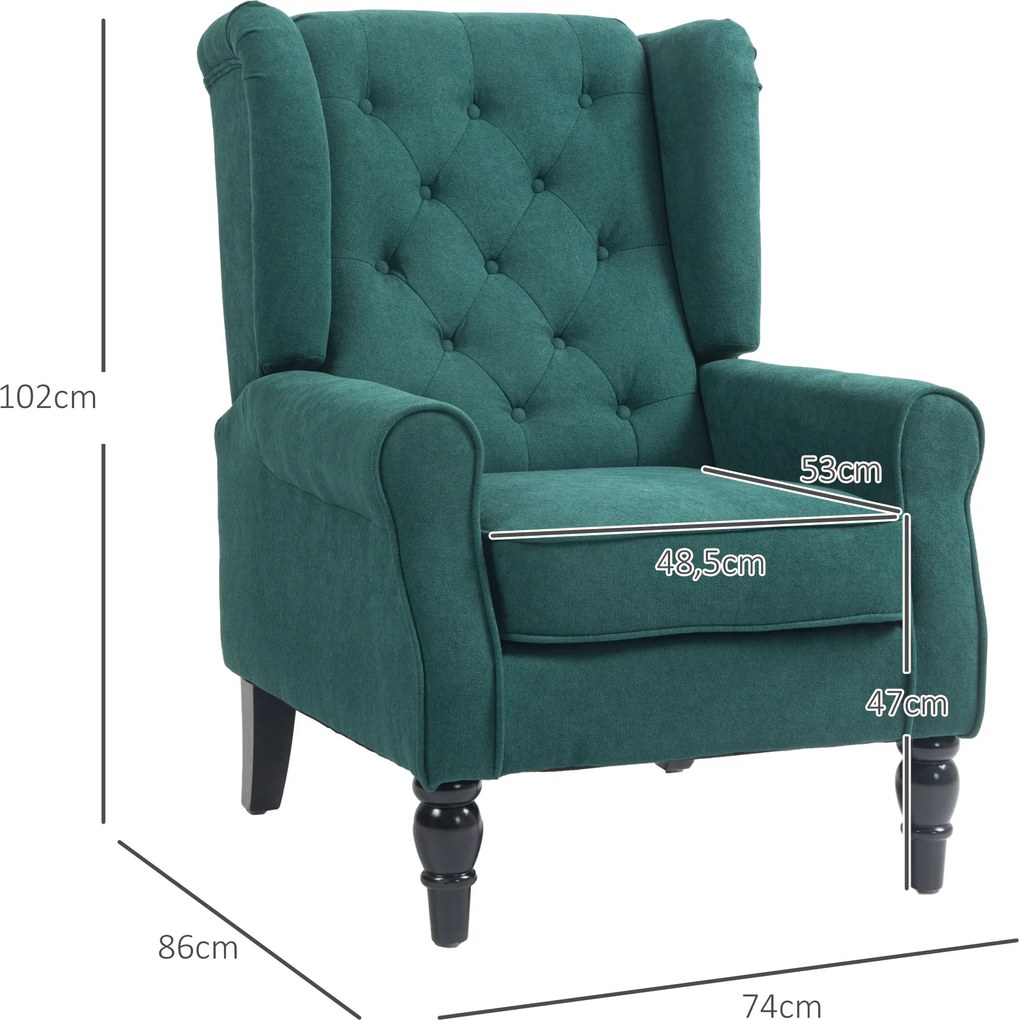 Poltrona de sala estofada com assento largo, pés de madeira, estilo clássico, grande conforto, 74 x 86 x 102 cm, verde