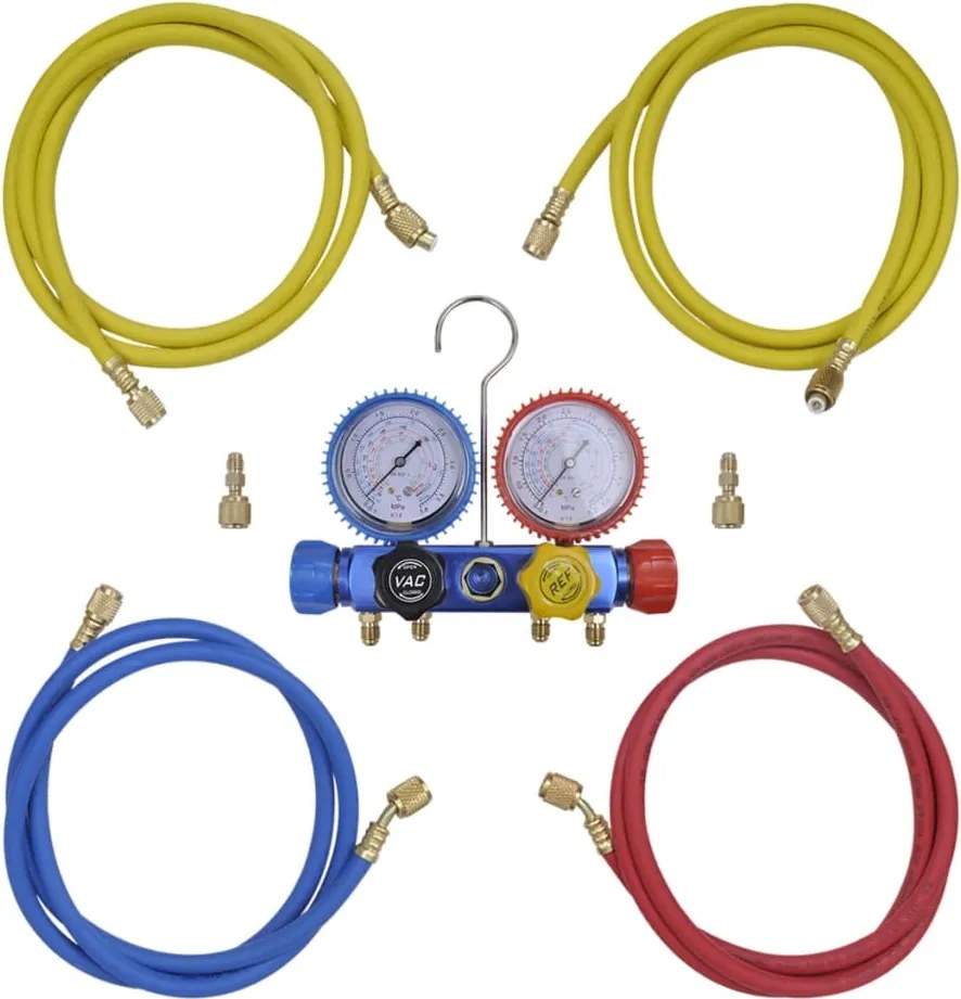Conjunto manómetro colector 4 formas num estojo de ferramentas