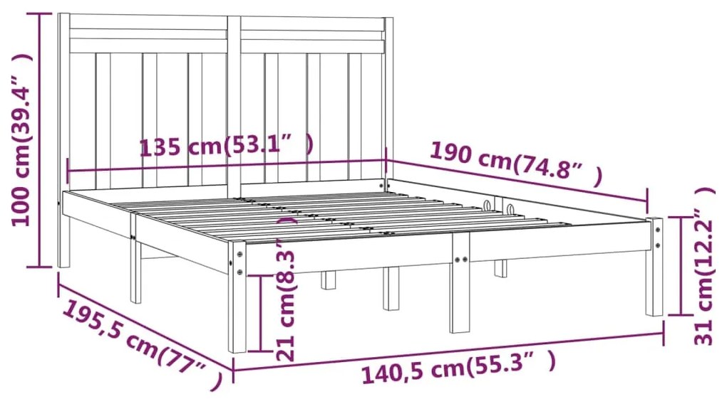 Estrutura de cama casal 135x190 cm madeira maciça cinzento