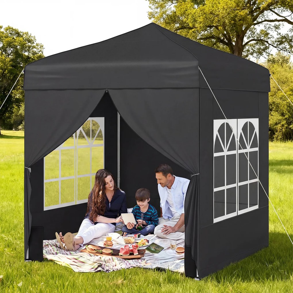 Tenda dobrável 194 x 194 cm, com 4 paredes laterais, 3 alturas ajustáveis, e 4 sacos de areia, 8 estacas, Preta