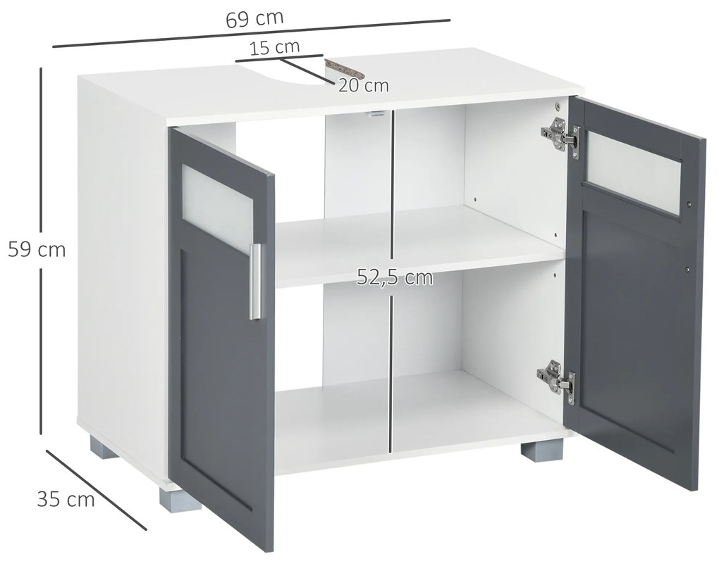 kleankin Móvel para Lavatório Pousar com 2 Portas com Vidro Temperado e Prateleira Ajustável 69x35x59 cm Branco e Cinza