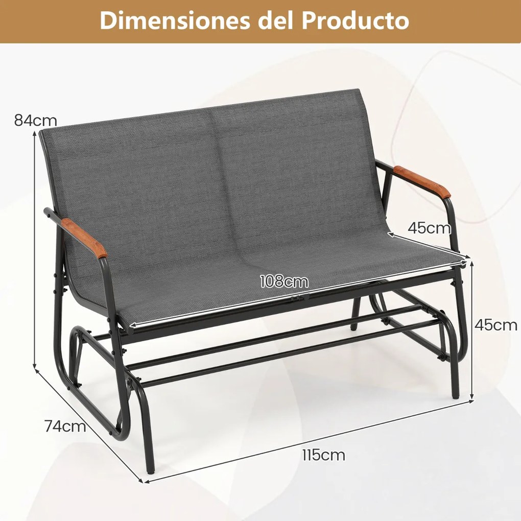 Banco baloiço deslizante para jardim Assento para 2 pessoas com braços curvos em teca Assento respirável Estrutura em metal