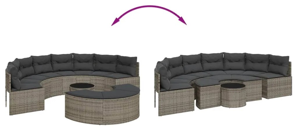 3 pcs conjunto de sofás de jardim semicircular vime PE cinzento