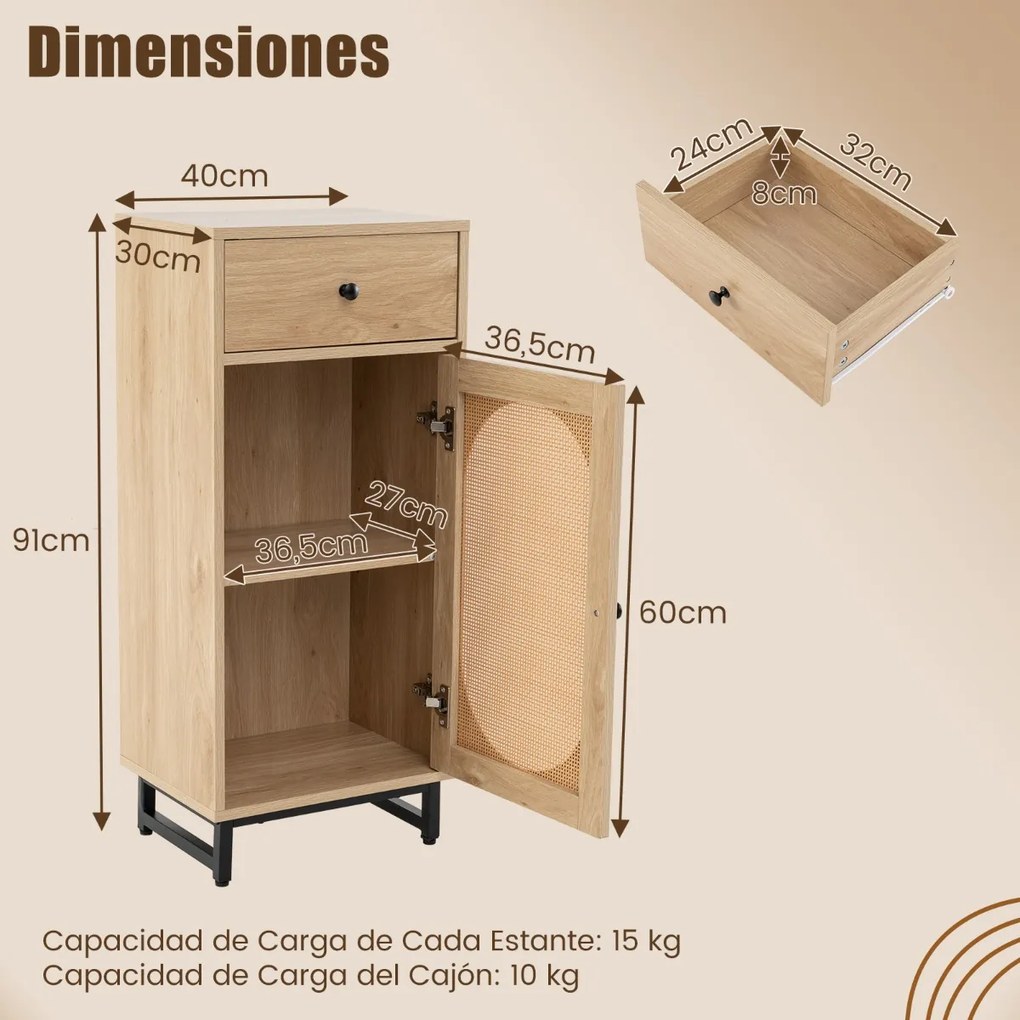 Armario arrumação de rattan PE com gaveta deslizante Porta de rattan PE Suporte metálico com pernas ajustáveis para sala de estar Quarto Hall de entra