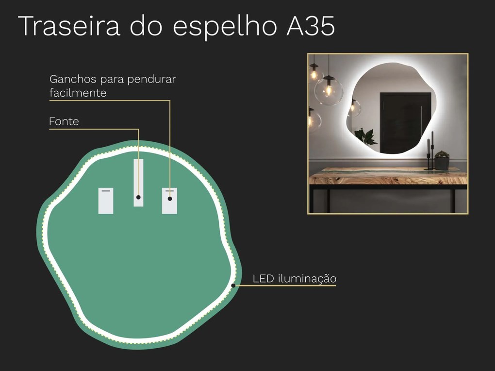 Espelho LED orgânico com iluminação A35 80×81