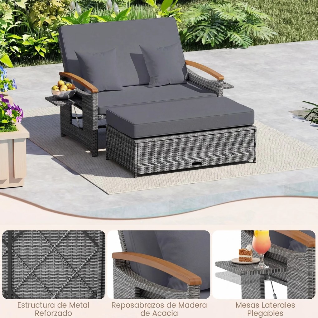 Conjunto de Sofá-Cama de Jardim de 2 Lugares, Otomana e 2 Mesas Laterais Dobráveis, 164 x 72-111 x 54,5-88 cm, Encosto Ajustável em 4 Níveis, Cinzento