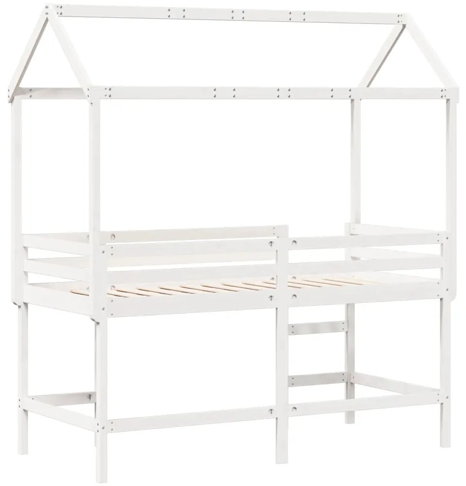 Cama alta c/ escada e telhado 80x200 cm pinho maciço branco