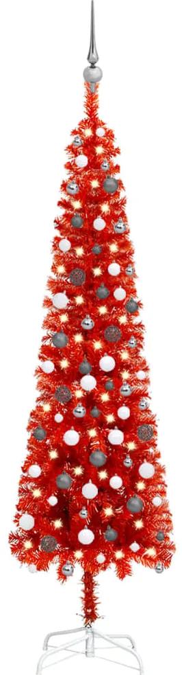 3078124 vidaXL Árvore de Natal fina com luzes LED e bolas 210 cm vermelha