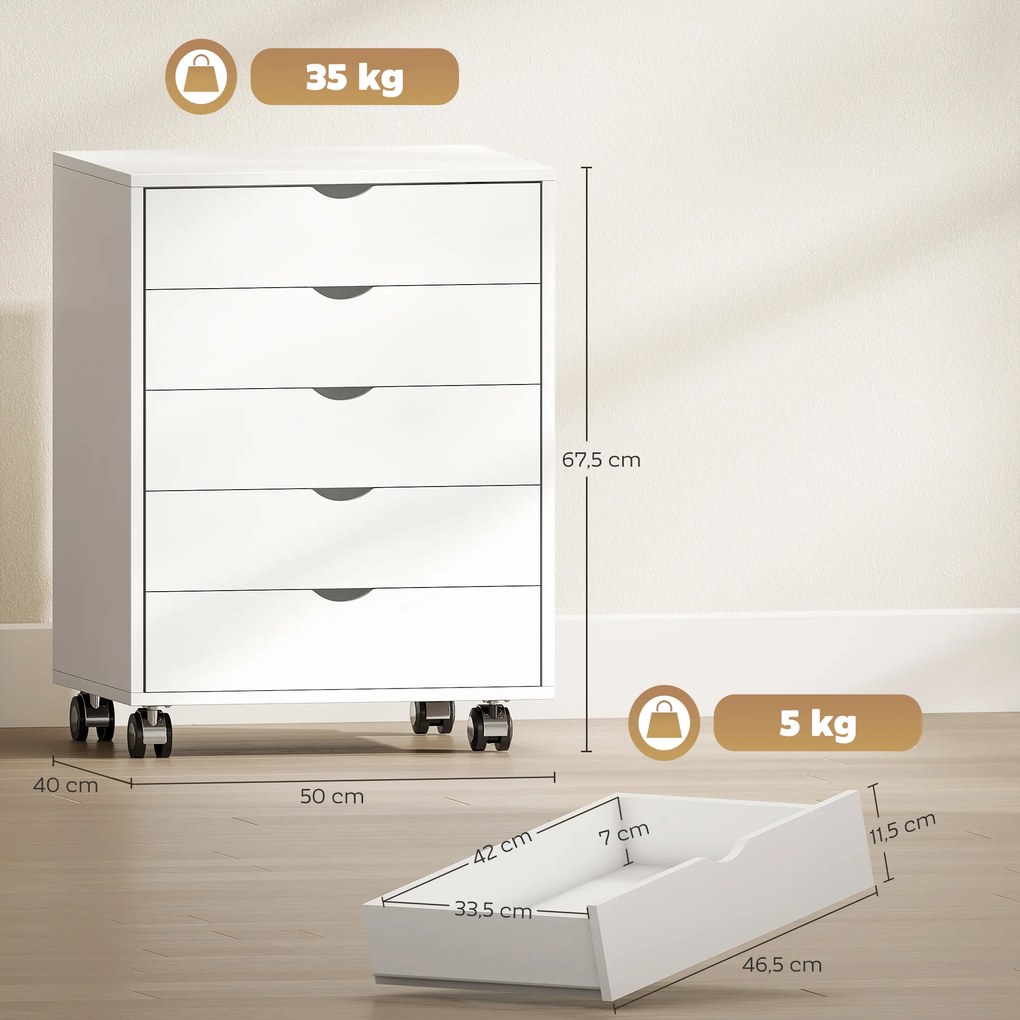 Bloco Gavetas de secretária 50x40x67,5cm móvel com 5 gavetas, móvel de arrumação de escritório com Rodas para documentos A3/Carta/A4, branco