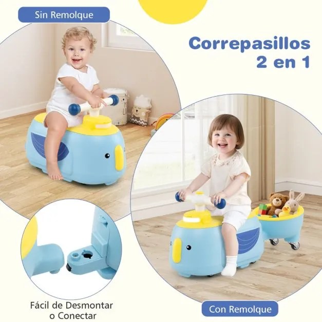 Carro andarilho de empurrar para crianças com reboque com luz, música, espaço de armazenamento e rodas macia 71 x 24 x 31 cm Azul