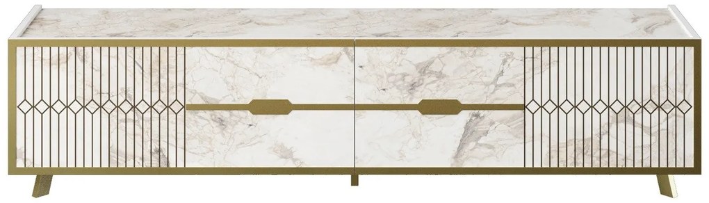 Móvel de TV ELOISE em Mármore Branco com 4 Portas e Pernas Douradas –