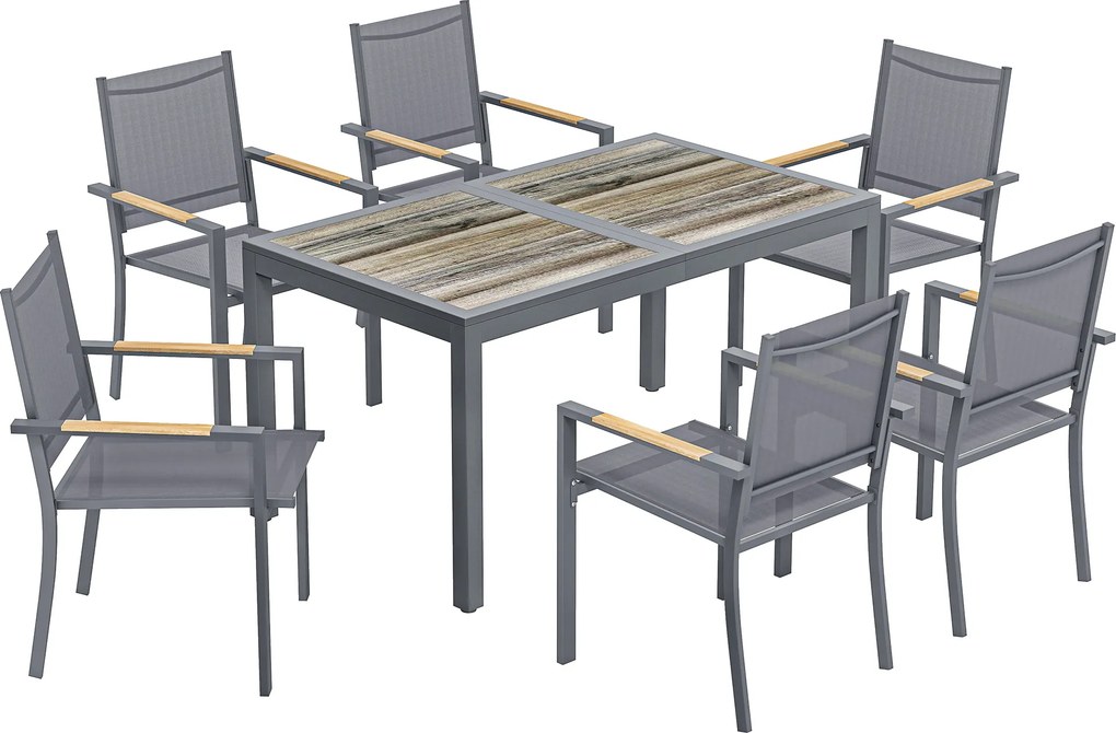 Conjunto de Mesa e Cadeiras de Jardim de 7 Peças Móveis de Jardim para Exterior com Mesa de Plástico PSPC 6 Cadeiras Empilháveis Cinza Escuro